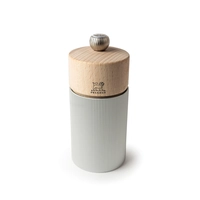 Peugeot Linr Moulin à sel, argent, strié, couvercle en bois clair, H: 12 cm, Ø 5 cm