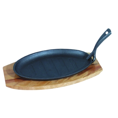Poêle à service en fonte oval, planche en bois _1