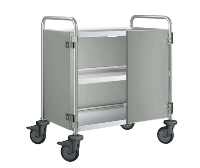 Chariot de service 3 plateaux, roues en plastique, portes battantes : pierre gris, 900 x 600 x 950 mm_1