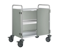 Chariot de service 3 plateaux, roues en plastique, portes battantes : pierre gris, 900 x 600 x 950 mm