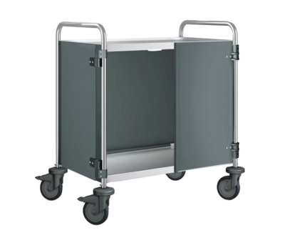 Chariot de service 3 plateaux, roues en plastique portes battantes traffic gris B,900 x 600 x 950 mm_1