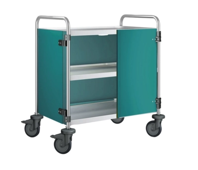 Chariot de service 3 plateaux, roues en plastique portes battantes : vert pétrole, 900 x 600 x 950mm_1