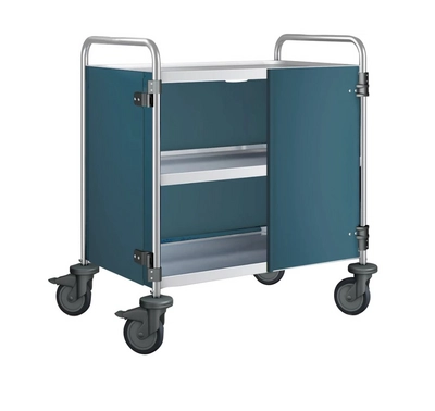 Chariot de service 3 plateaux, roues en plastique portes battantes : bleu mer, 900 x 600 x 950 mm_1