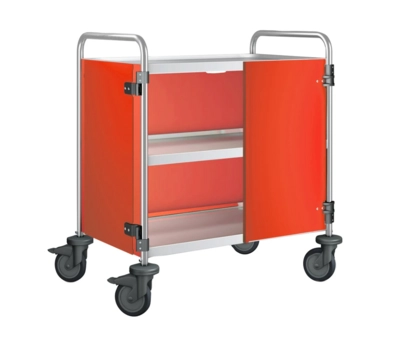 Chariot de service 3 plateaux, roues en plastique portes battantes : candyred, 900 x 600 x 950 mm_1