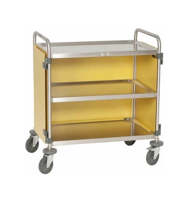 Chariot de service 3 plateaux, roues en plastique portes battantes : jaune genêt, 900 x 600 x 950mm_2