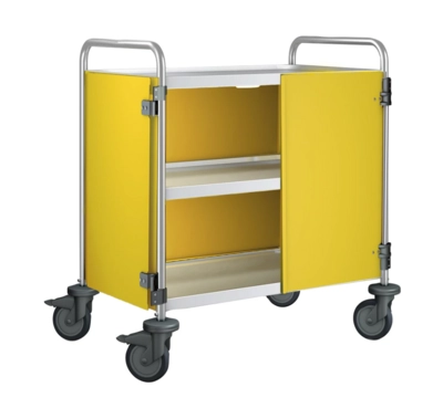 Chariot de service 3 plateaux, roues en plastique portes battantes : jaune genêt, 900 x 600 x 950mm_1