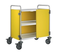 Chariot de service 3 plateaux, roues en plastique portes battantes : jaune genêt, 900 x 600 x 950mm