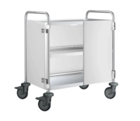 Chariot de service 3 plateaux portes battantes:     blanc signal, roues en plastique, 900 x600x950 mm