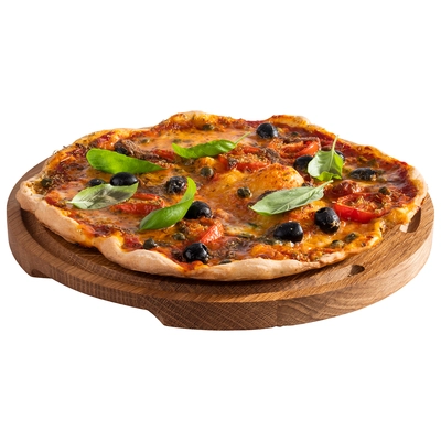 Servierbrett Pizza, 29 cm Ø, H: 2 cm Eichenholz, geölt, mit Saftrinne, mit 2 Griffmulde_2