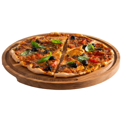 Servierbrett Pizza, 34 cm Ø, H: 2 cm Eichenholz, geölt, mit Saftrinne, mit 2 Griffmulde_2