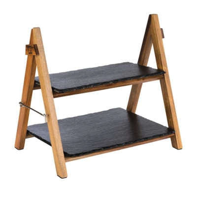 Serviergestell, 2-stufig, 36.5 x 26.5 cm, H: 34 cm Naturschiefer, Akazienholz_1