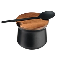 Zuckerdose, 3-tlg, Ø 8 cm, H: 6.5 cm, 200 ml,  Edelstahl, Deckel aus Akazienholz, schwarz,
