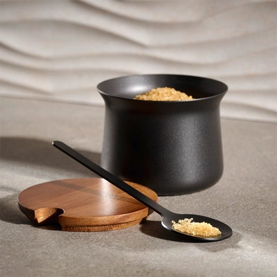 Zuckerdose, 3-tlg, Ø 8 cm, H: 6.5 cm, 200 ml,  Edelstahl, Deckel aus Akazienholz, schwarz,_2