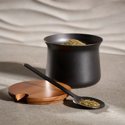 Zuckerdose, 3-tlg, Ø 8 cm, H: 6.5 cm, 200 ml,  Edelstahl, Deckel aus Akazienholz, schwarz,_3