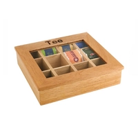 Teebox mit 12 Kammern, 31 x 28 cm, H: 9 cm helle Holzbox mit Sichtfenster